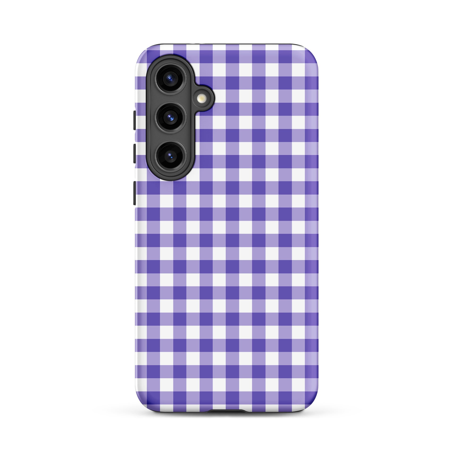Phone case with purple gingham pattern for Samsung Galaxy, offering style and protection.