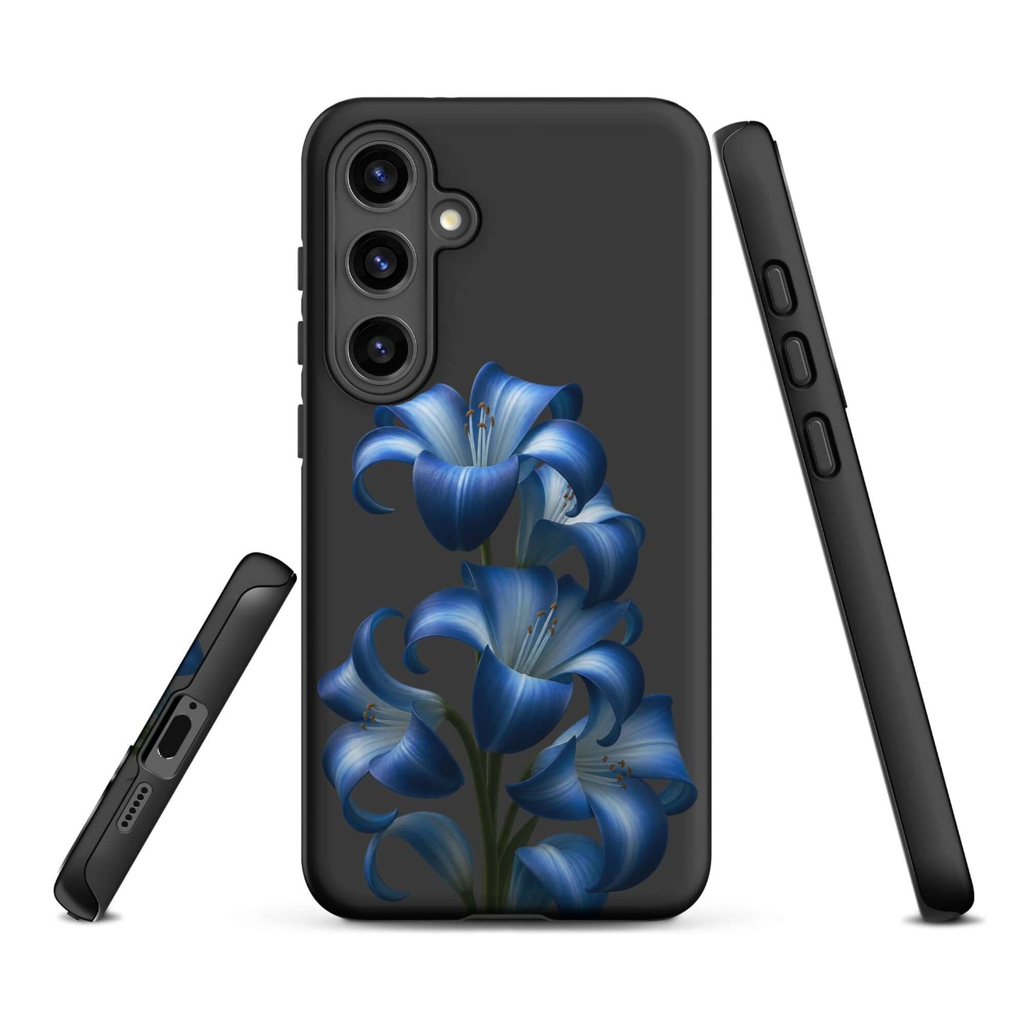 Phone Case with Blue Lily Bloom Art for Samsung Galaxy, featuring vibrant flowers on a dark background and durable dual-layer protection.