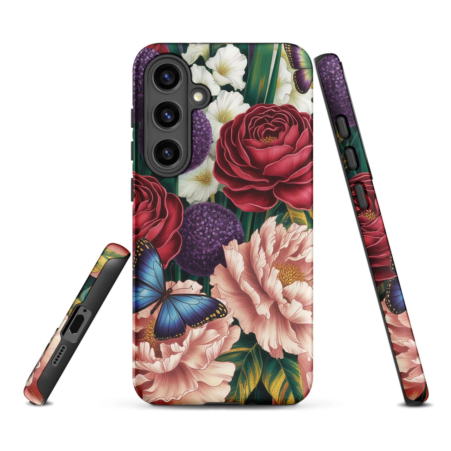 Phone Case for Samsung Galaxy with botanical garden bloom design of roses, peonies, alliums, and butterflies, painterly floral illustration
