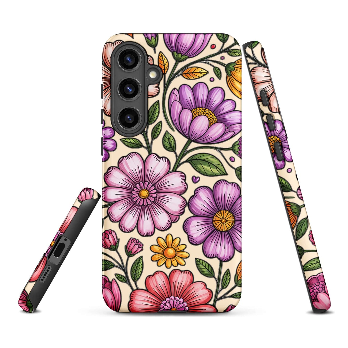 Phone Case for Samsung Galaxy featuring pastel floral design with pink, peach, lavender, and yellow flowers on a durable shell.