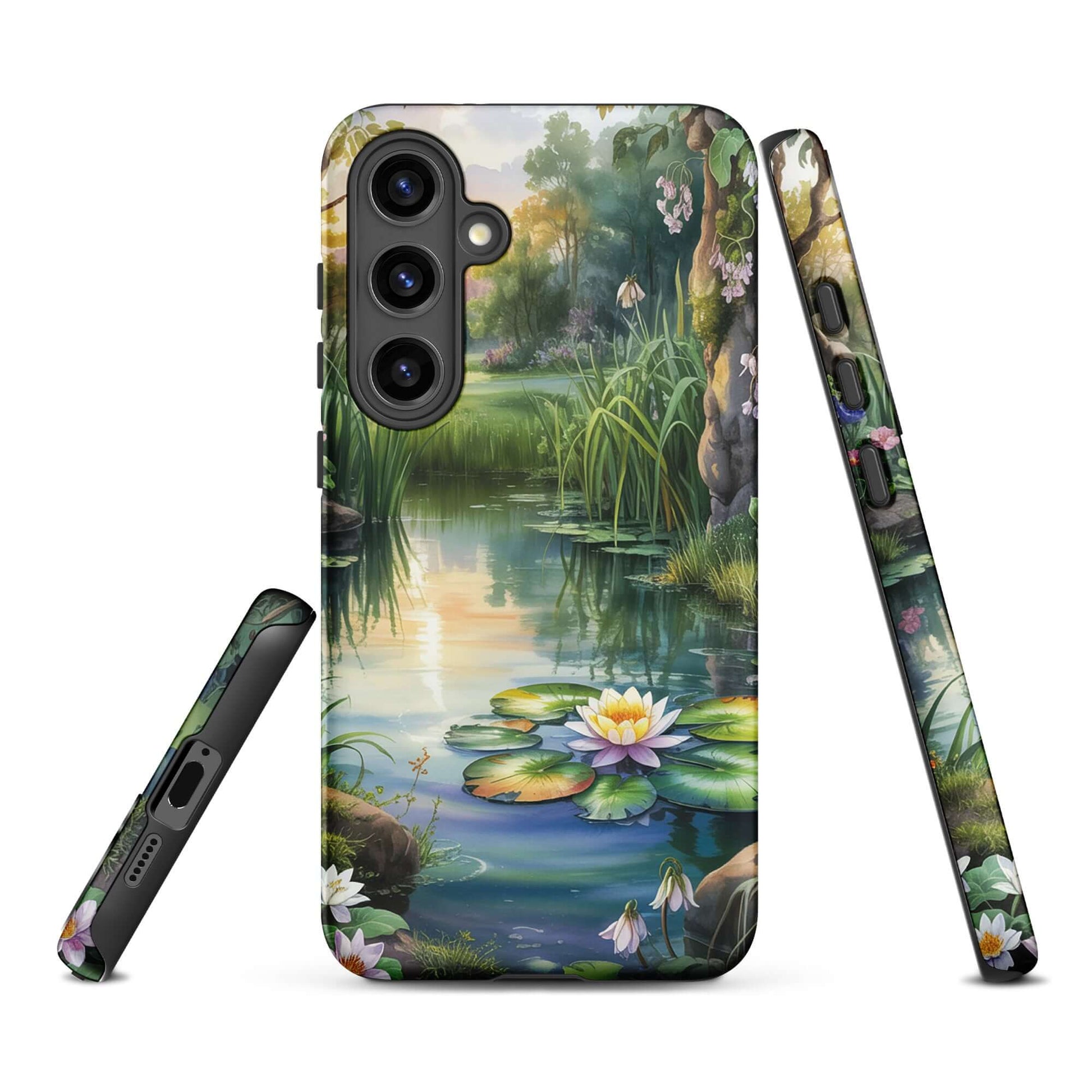 Phone Case for Samsung Galaxy with enchanted pond design, featuring serene lily pads, lush greenery, and soft sunset hues for peaceful charm.