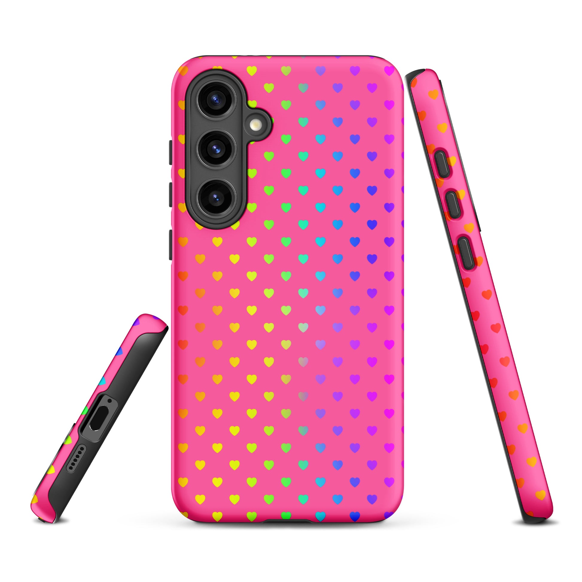 Cute rainbow hearts phone case for Samsung Galaxy with bright pink backdrop, offering color and charm for a cheerful vibe.