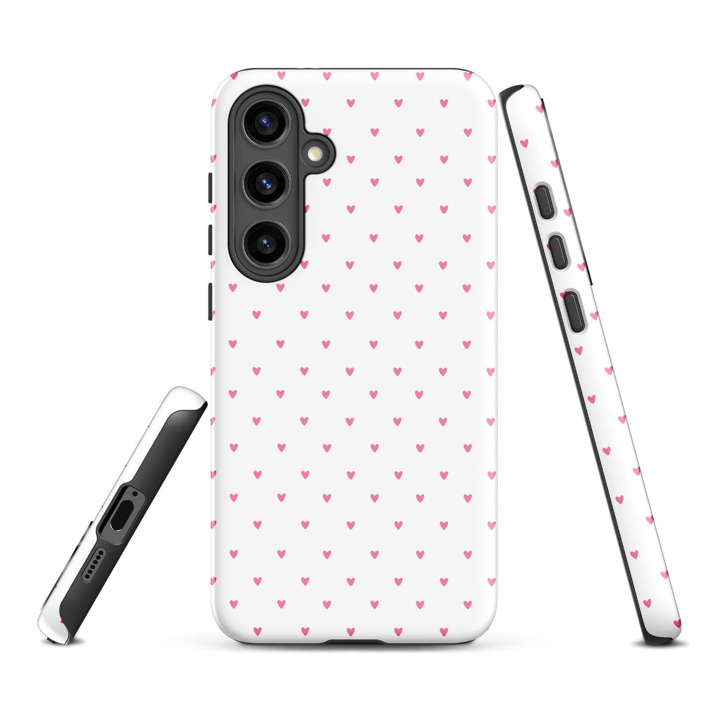 Phone Case for Samsung Galaxy with Heart-Dot Pattern, features small pink hearts on a white background, combining style and protection.