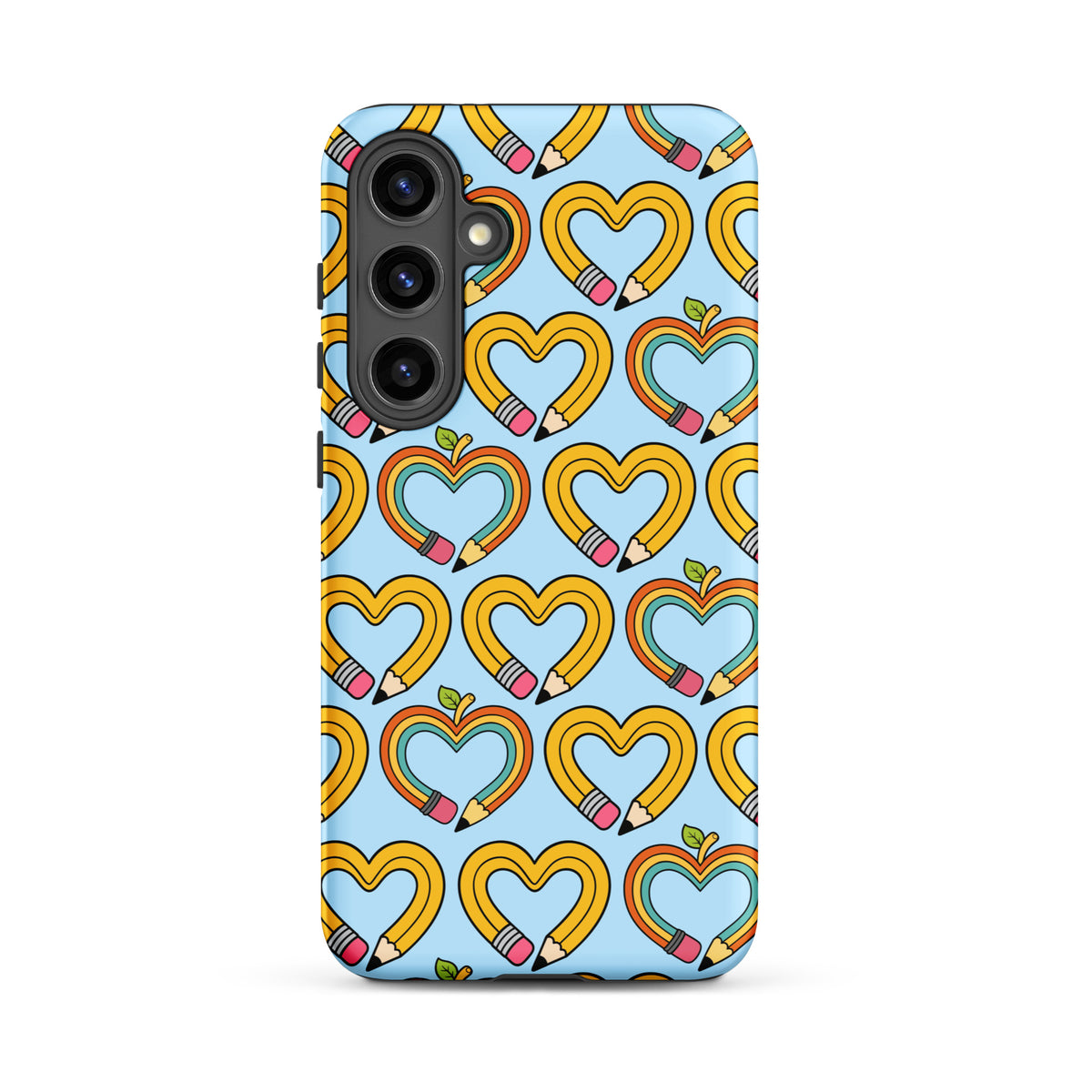 Phone Case for Samsung Galaxy with playful pencil-heart pattern showcasing creativity and back-to-school charm in yellow and blue.