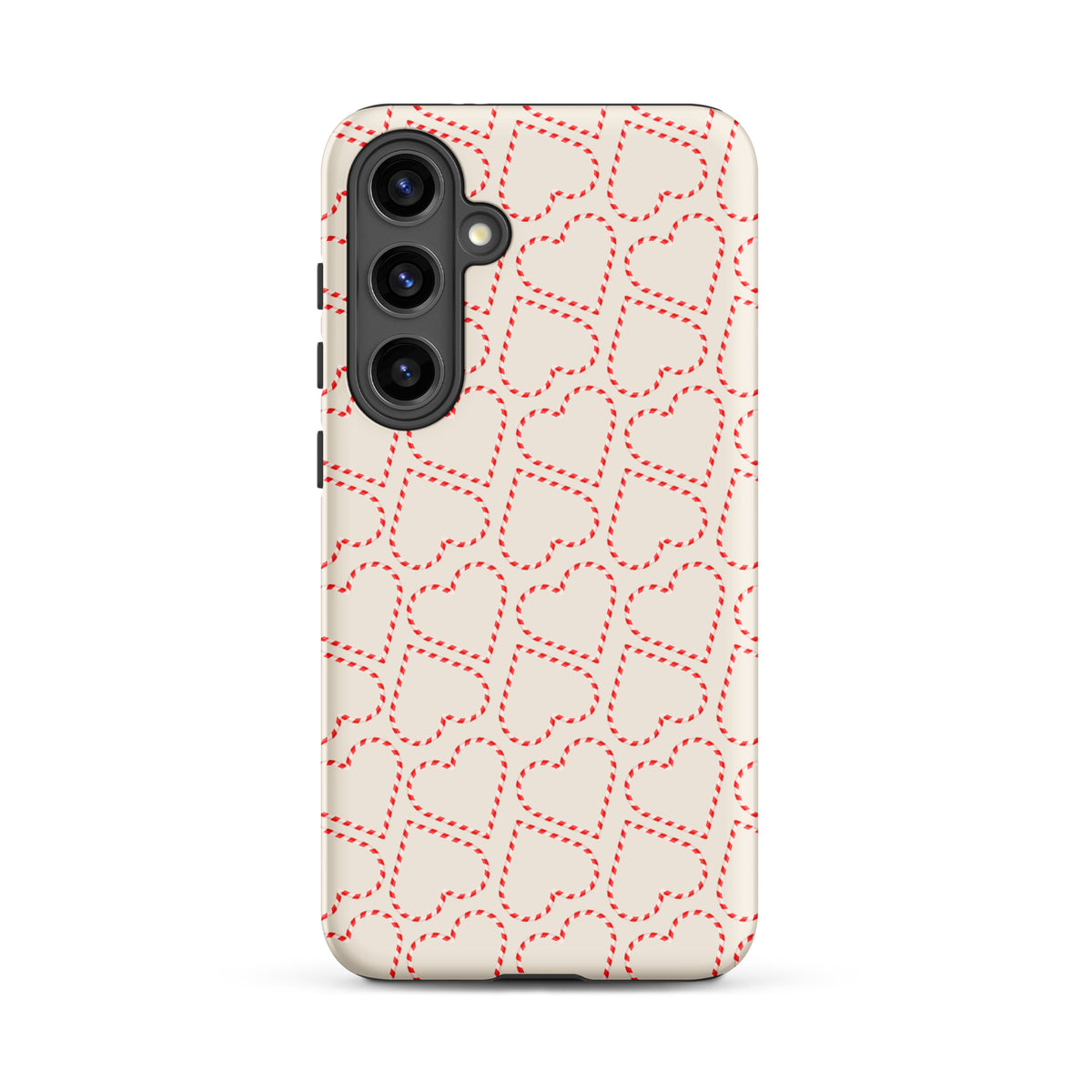 Phone Case for Samsung Galaxy with holiday candy cane heart pattern, festive red and white stripes, perfect for winter celebrations.