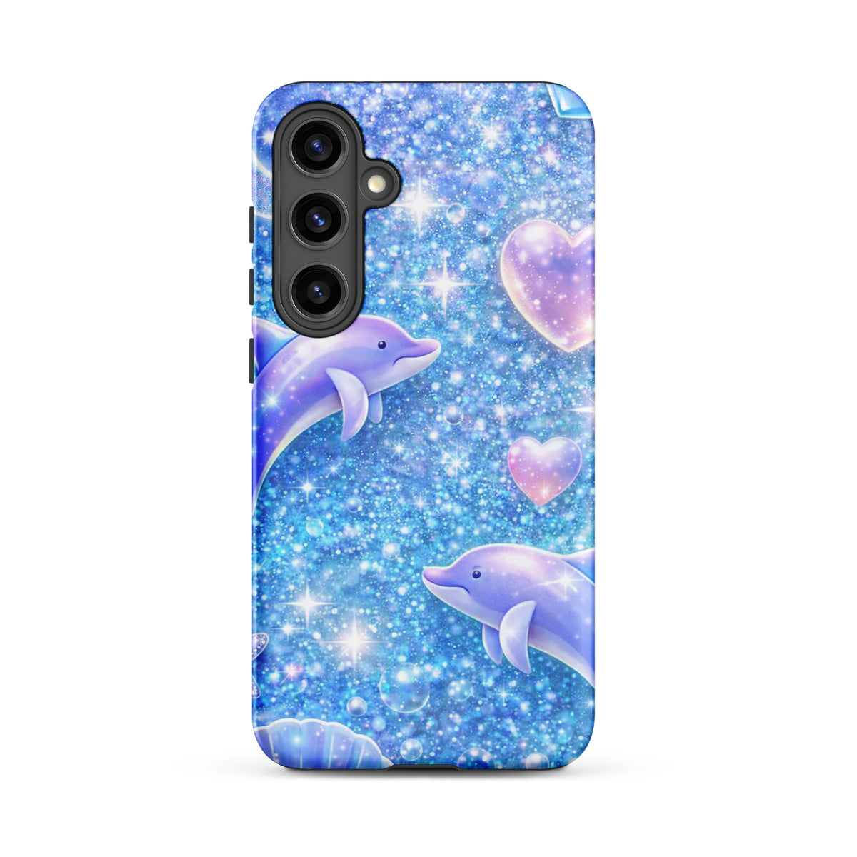 Phone Case for Samsung Galaxy featuring ocean glitter dolphins design with pastel moons and celestial accents, full of sparkle and charm.