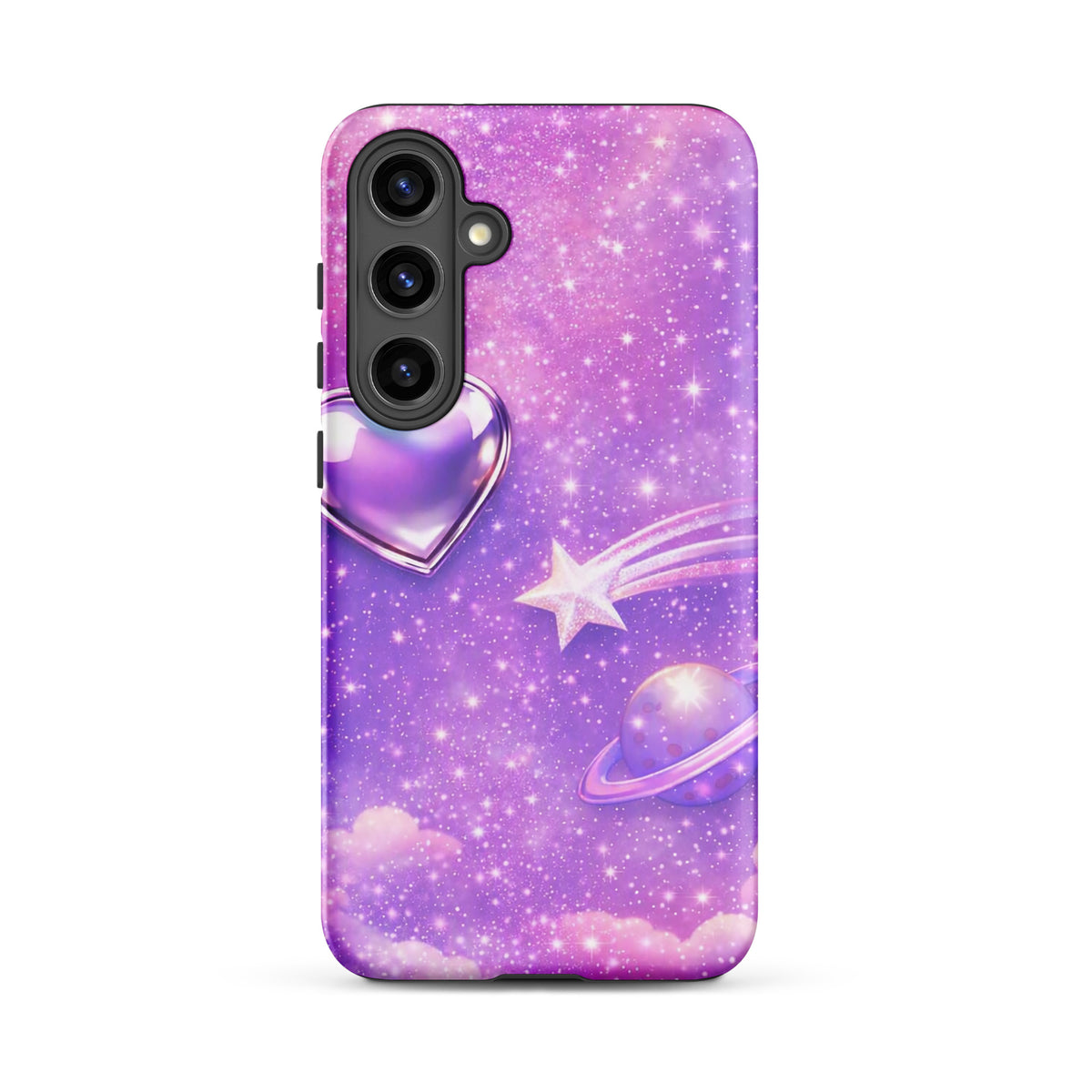 Phone Case for Samsung Galaxy with cosmic heart, shooting star, ringed planet, and pastel clouds in a dreamy celestial artwork design.