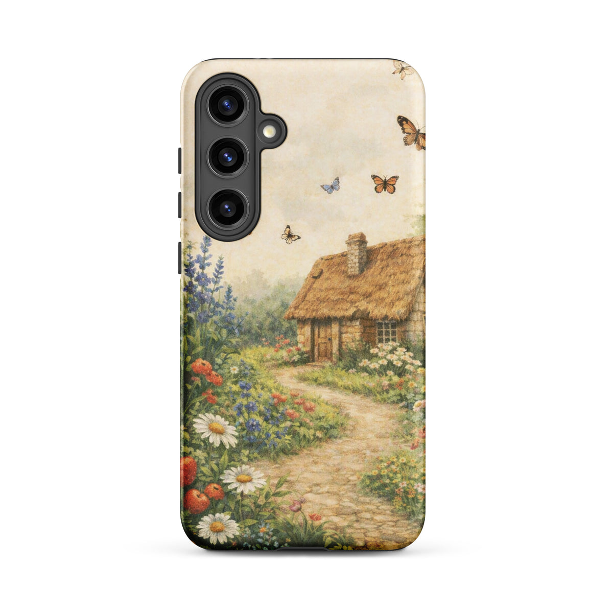 Phone Case for Samsung Galaxy with cottage garden art featuring a thatched-roof stone cottage and a vibrant floral garden.
