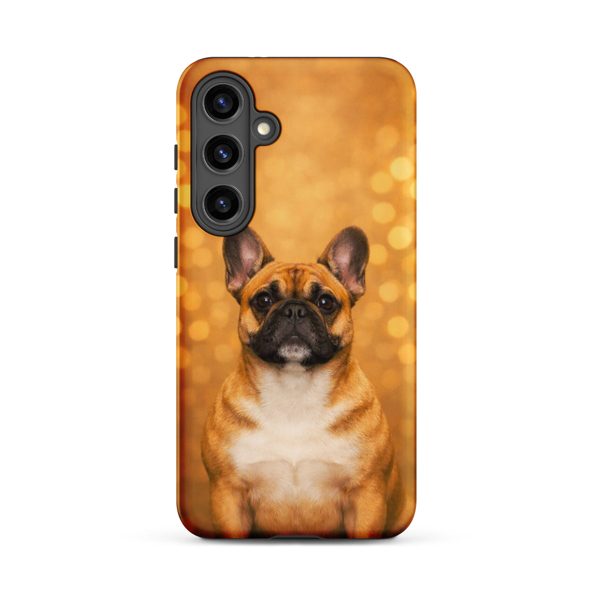 Phone Case for Samsung Galaxy with French Bulldog portrait against golden bokeh background, adding charm and sophistication.