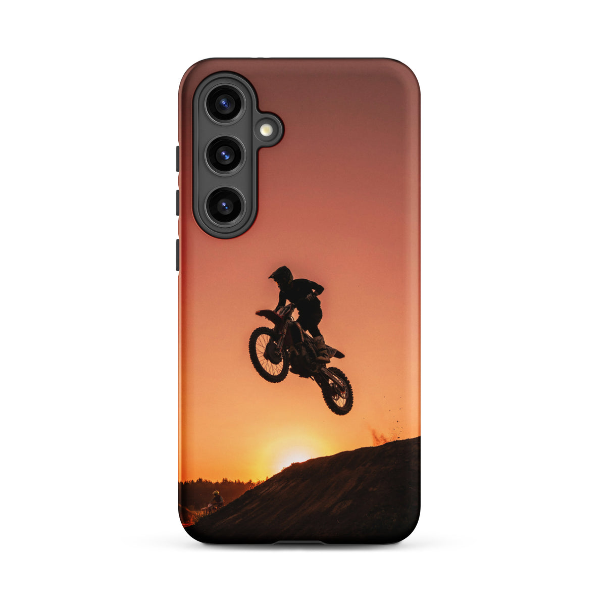 Phone Case for Samsung Galaxy with motocross sunset dirt bike design in orange and black.