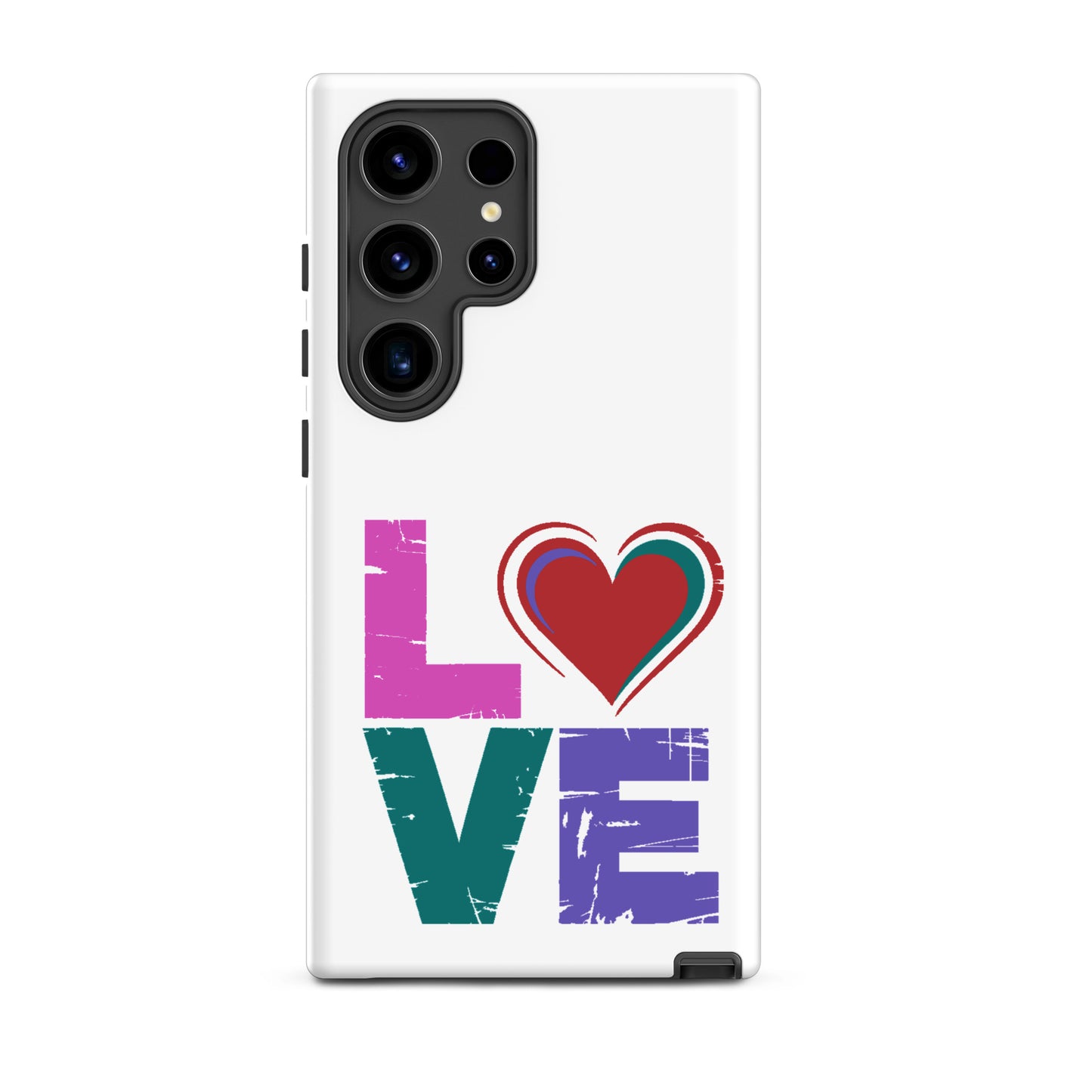 Tough case for Samsung Galaxy Phones featuring colorful 'LOVE' design with heart replacing the letter 'o'.