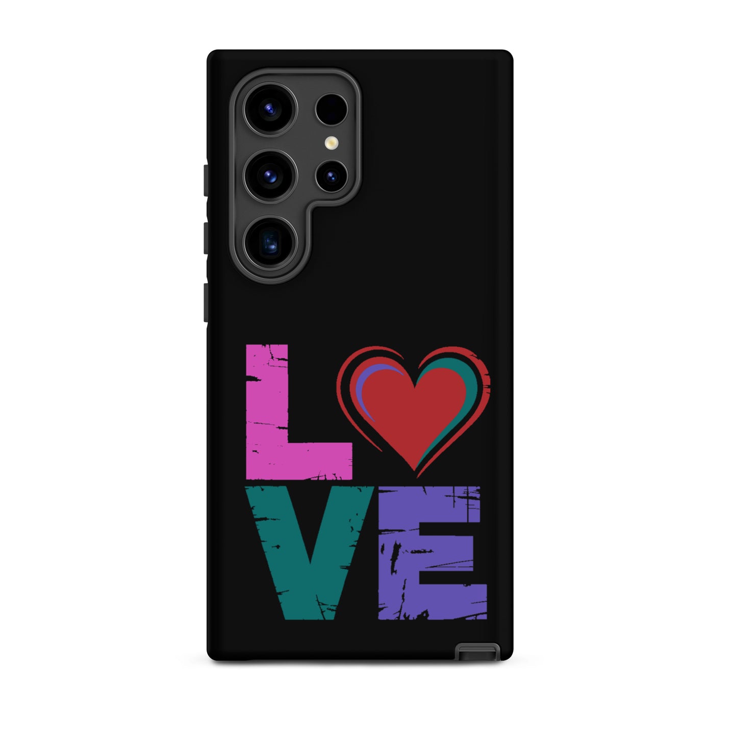 Tough case for Samsung Galaxy Phones featuring colorful 'LOVE' design with heart, stylish and expressive.