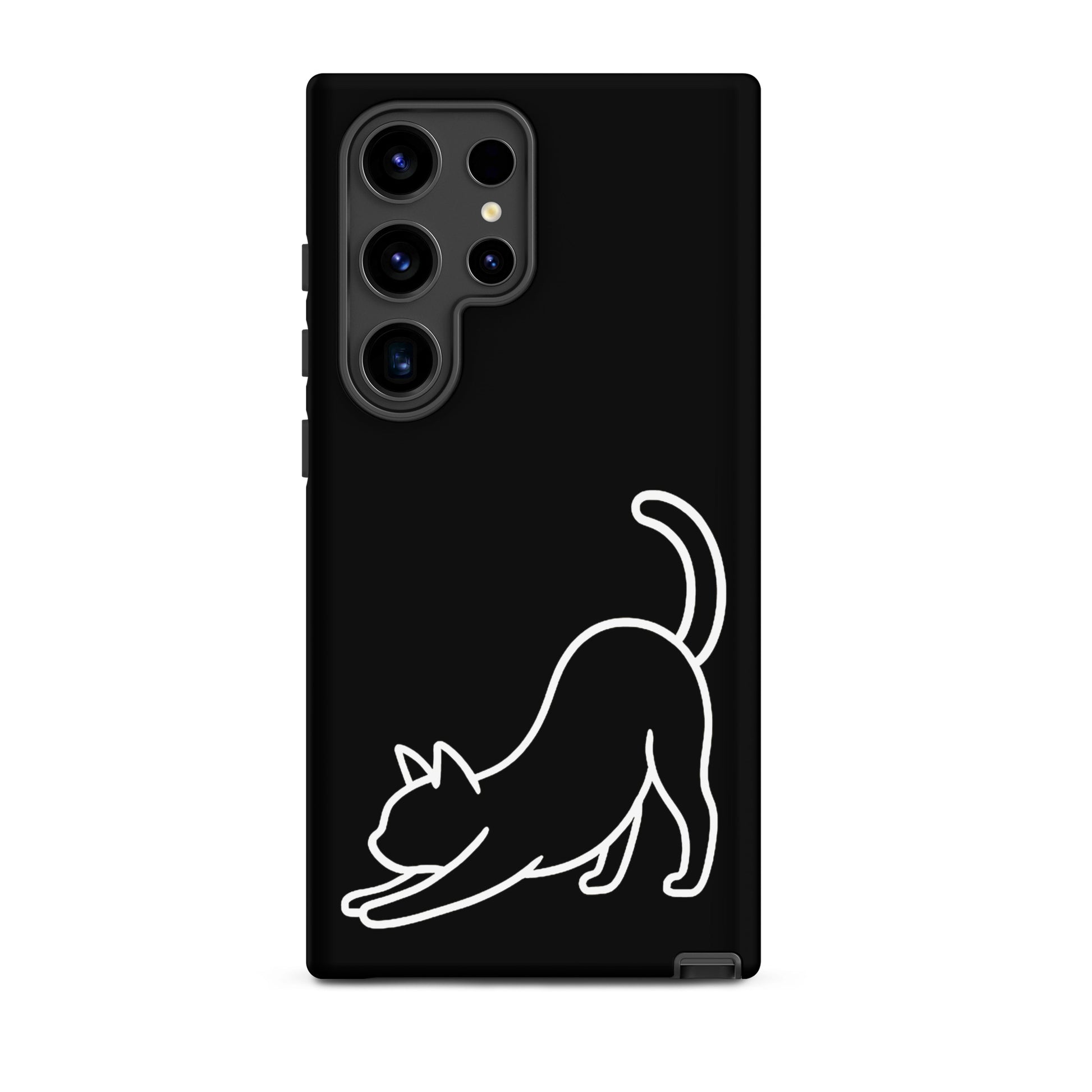Phone Case for Samsung Galaxy featuring a minimalist stretching cat design on a sleek black background.