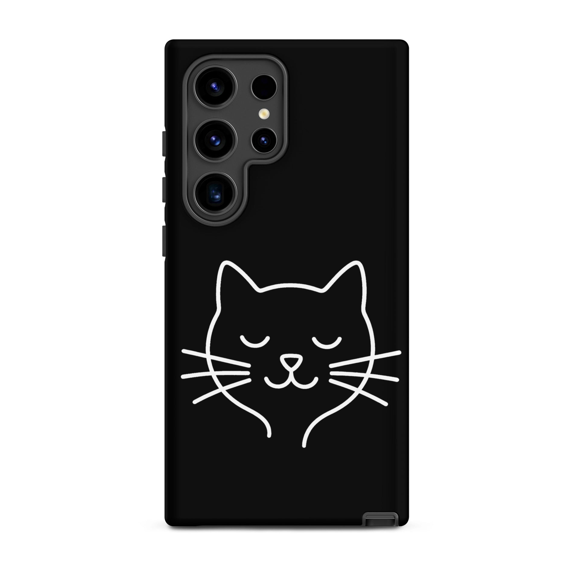 Phone Case for Samsung Galaxy featuring cute minimalist cat line art design on a black background.