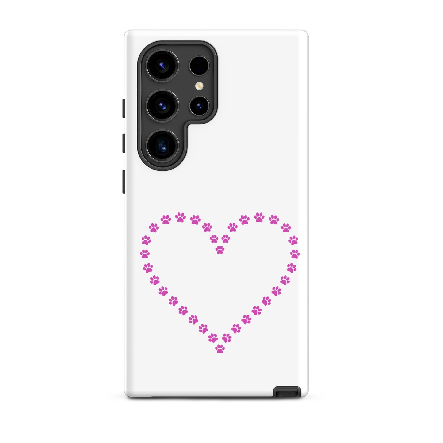 Phone Case for Samsung Galaxy with pink paw print heart design for pet lovers.