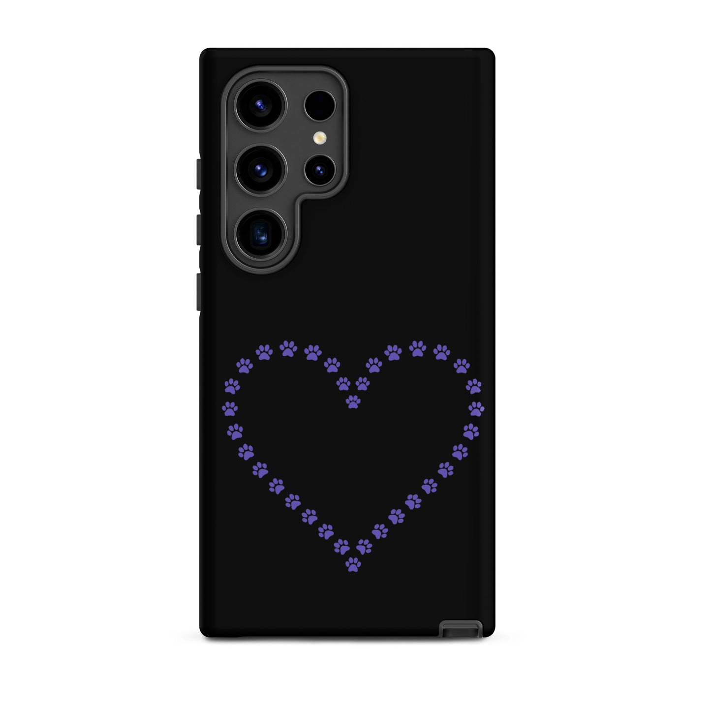 Phone Case for Samsung Galaxy with purple paw print heart design for pet lovers.