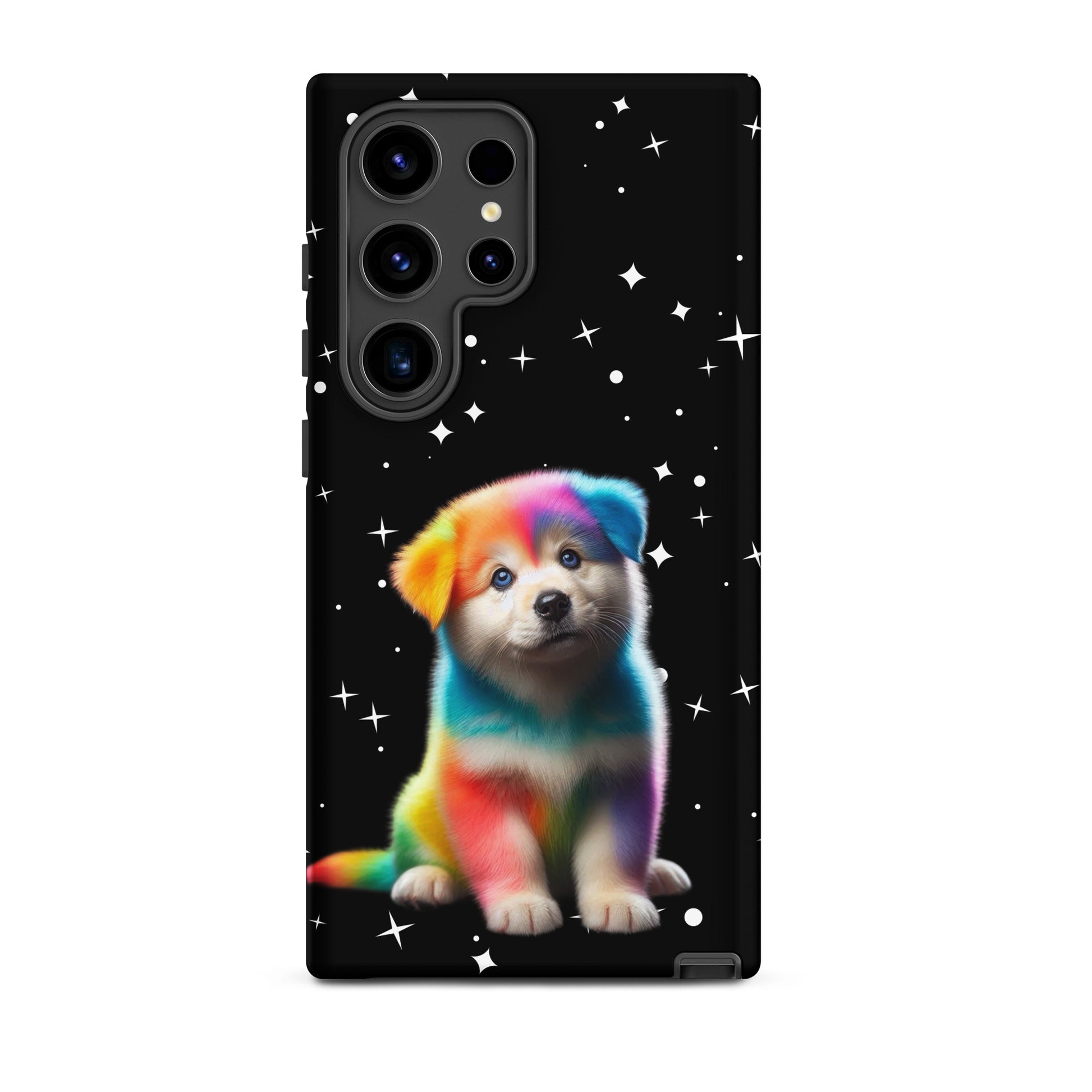 Phone Case featuring a colorful rainbow puppy on a starry night background, perfect for Samsung Galaxy devices.