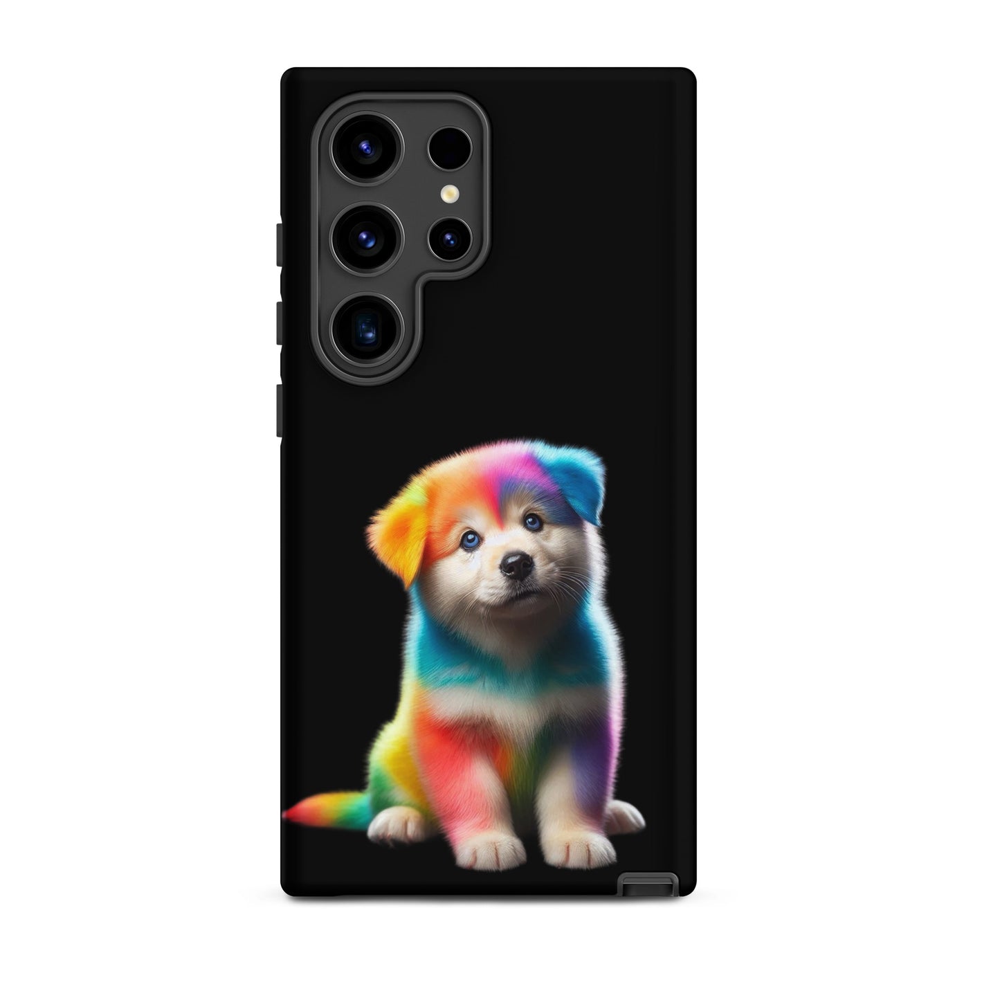 Phone Case for Samsung Galaxy featuring a colorful rainbow puppy design on a dark background.
