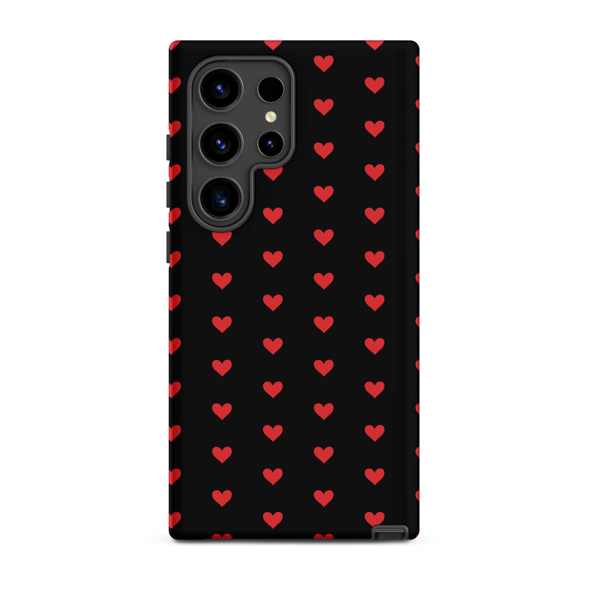 Phone Case for Samsung Galaxy featuring bold pattern of fiery red hearts on a black background.