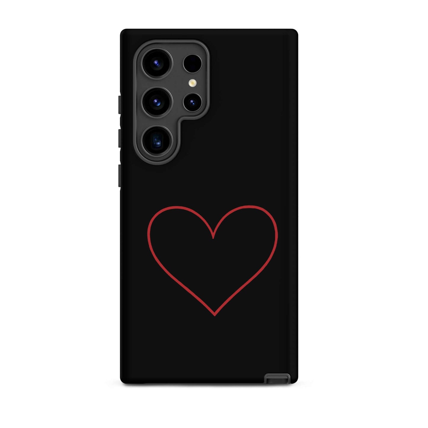 Phone Case for Samsung Galaxy featuring a minimalist crimson heart design on a sleek black background.