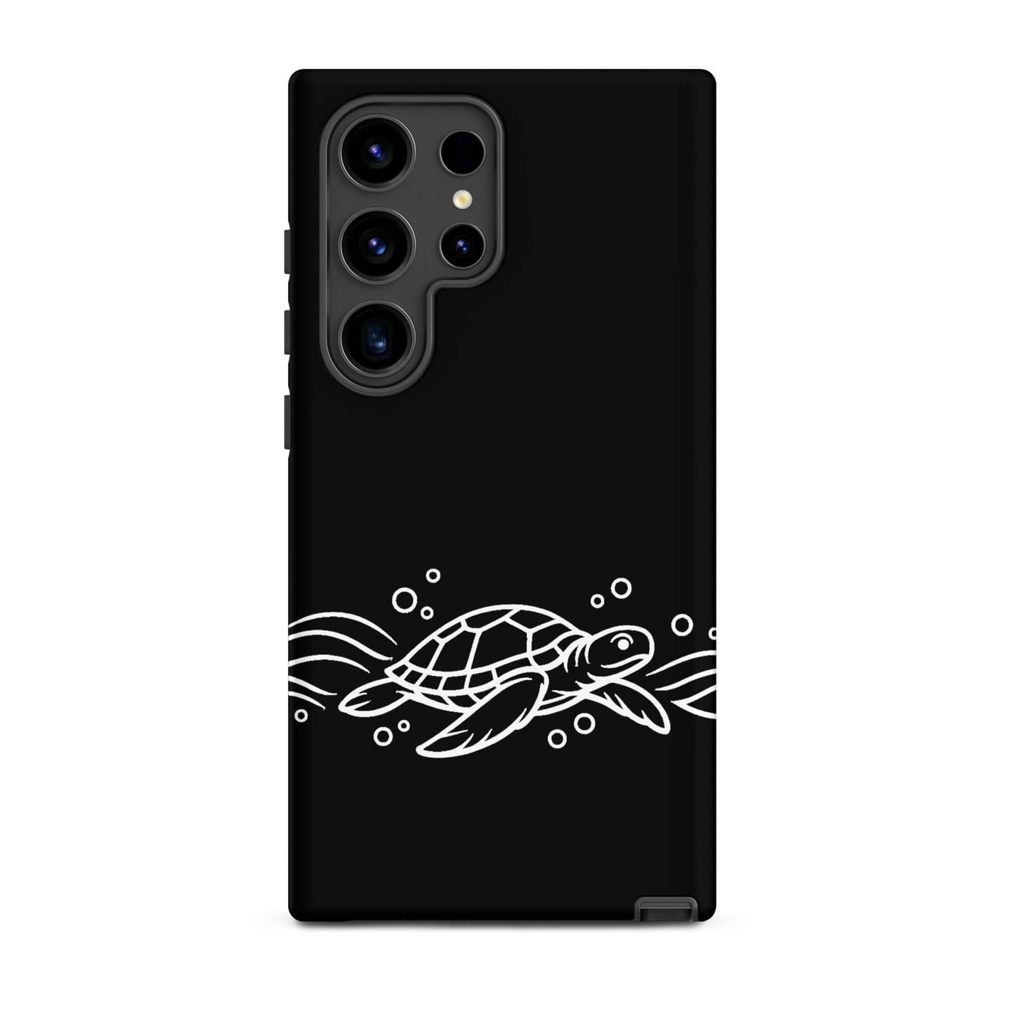 Phone Case for Samsung Galaxy with minimalist sea turtle and wave design on a black background.