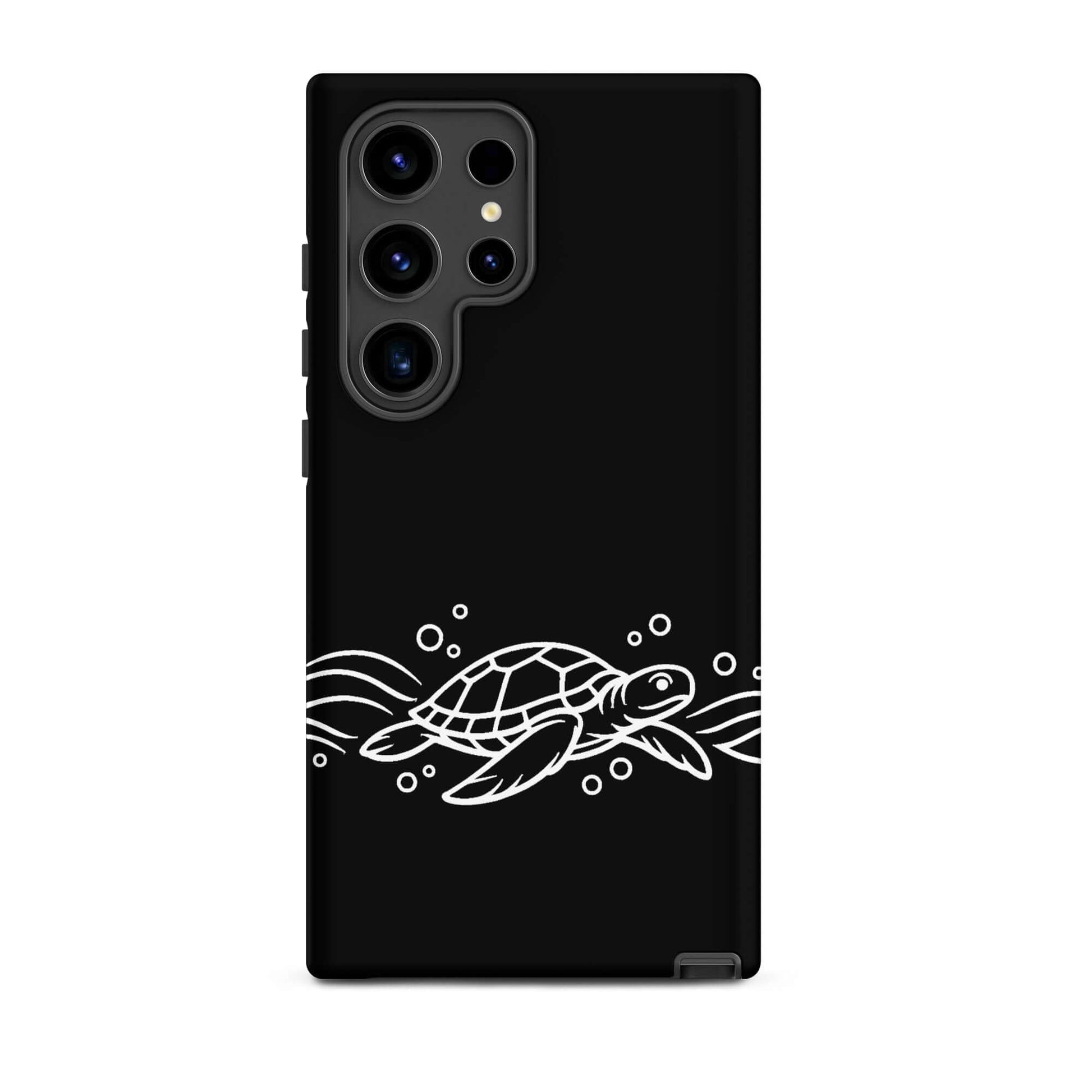 Phone Case for Samsung Galaxy with minimalist sea turtle and wave design on a black background.