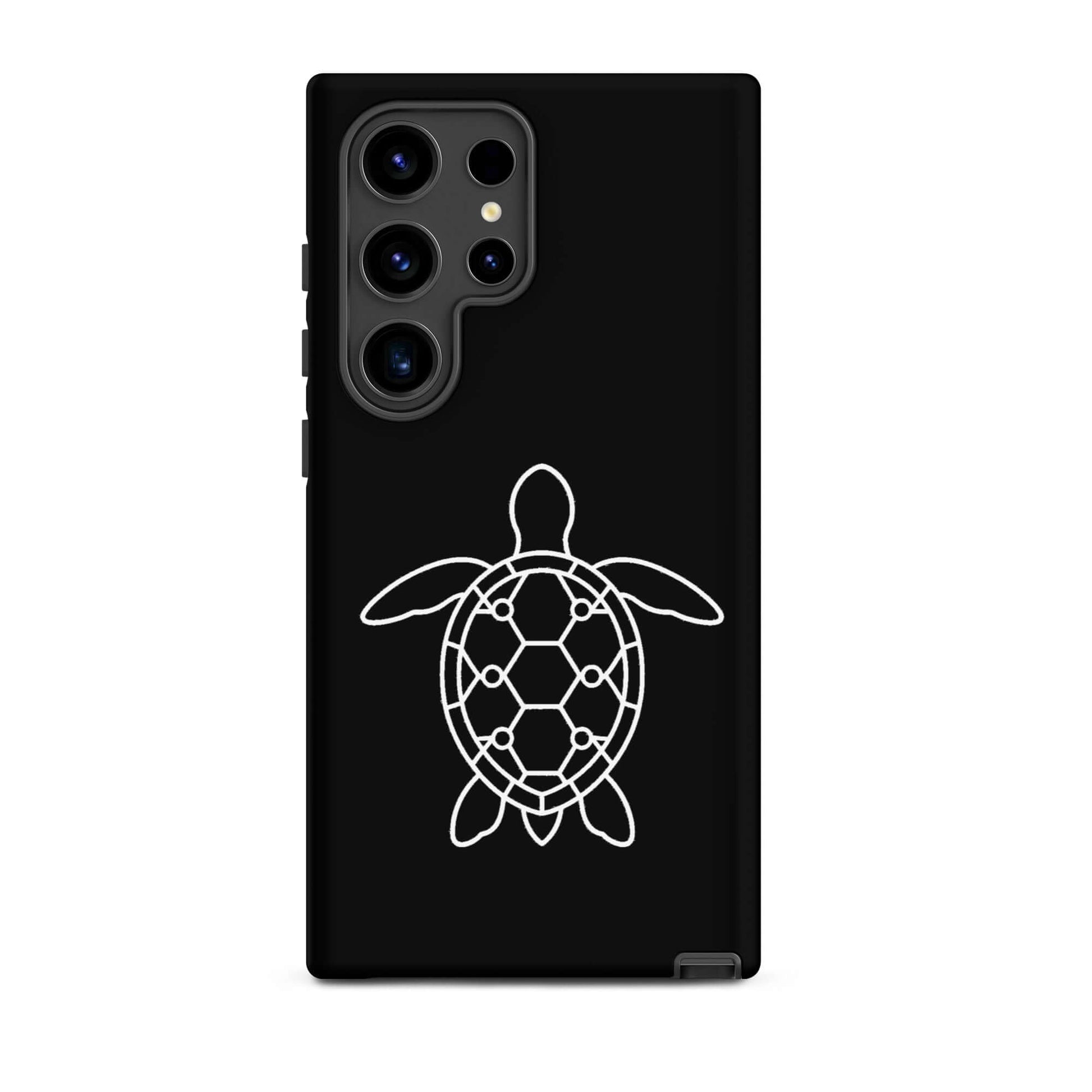 Phone case for Samsung Galaxy featuring minimalist sea turtle silhouette and geometric pattern.
