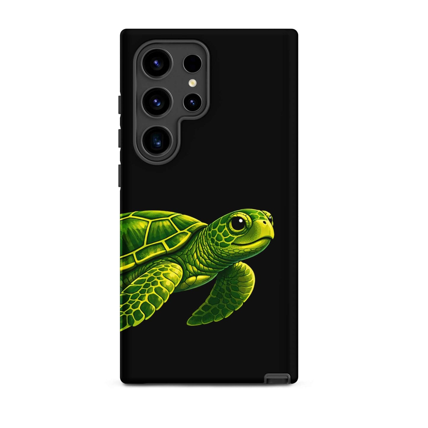 Phone case featuring a vibrant sea turtle design on a black background, combining style and protection.