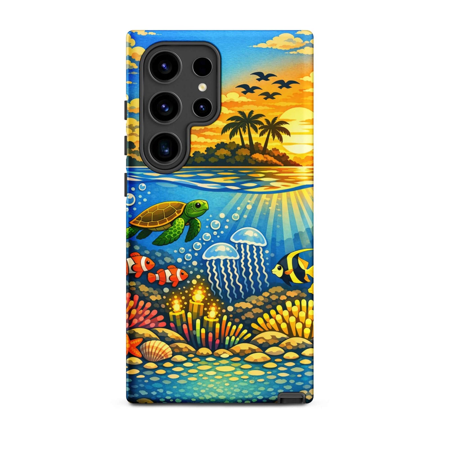 Phone Case for Samsung Galaxy featuring a tropical sunset and underwater reef scene with vibrant marine life.