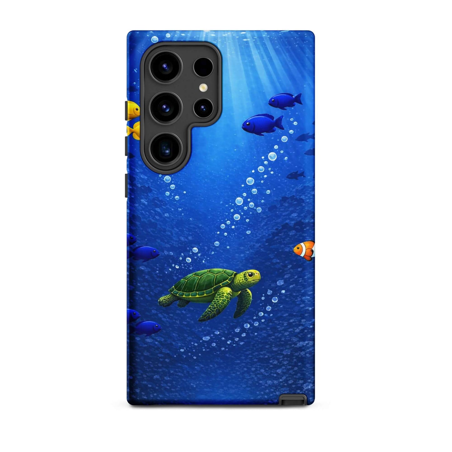 Phone Case featuring a sea turtle and colorful fish design in deep blue waters.