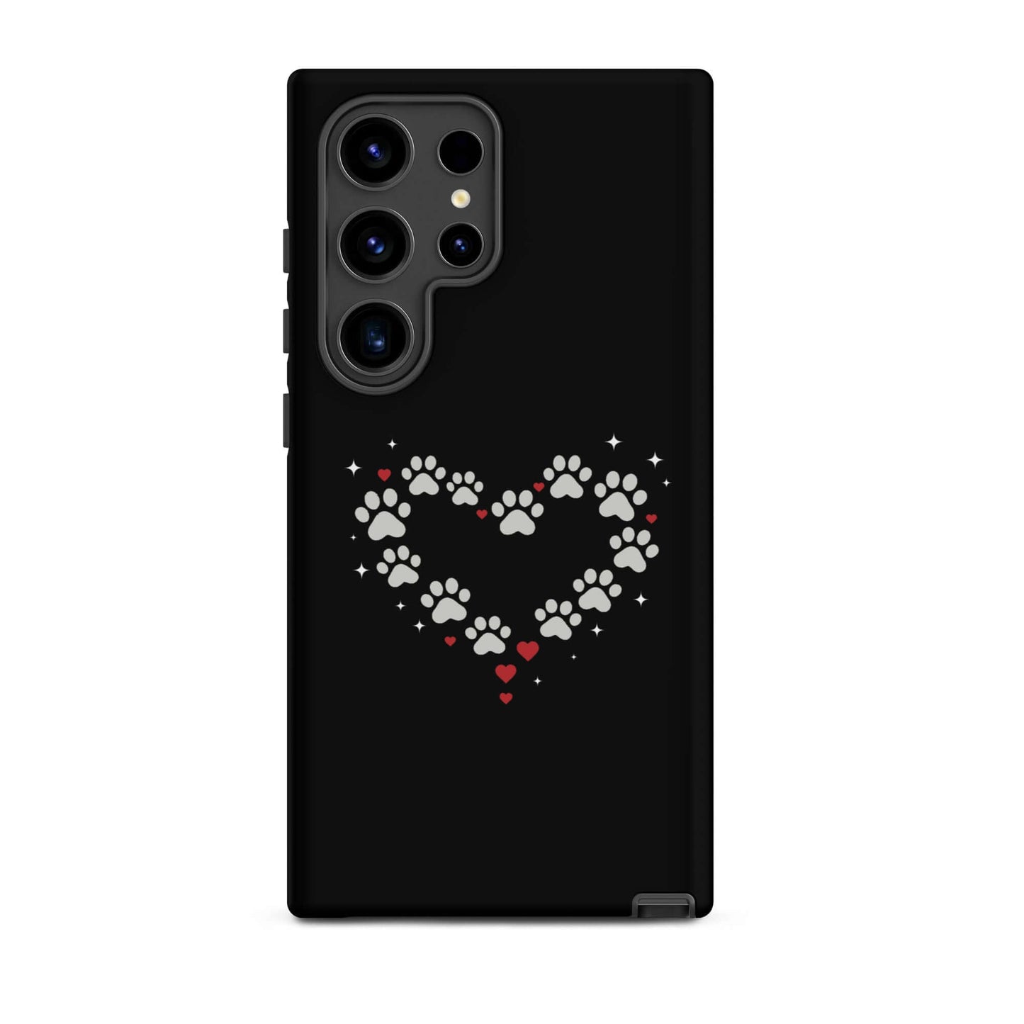 Phone Case for Samsung Galaxy with paw-print heart design and black background.