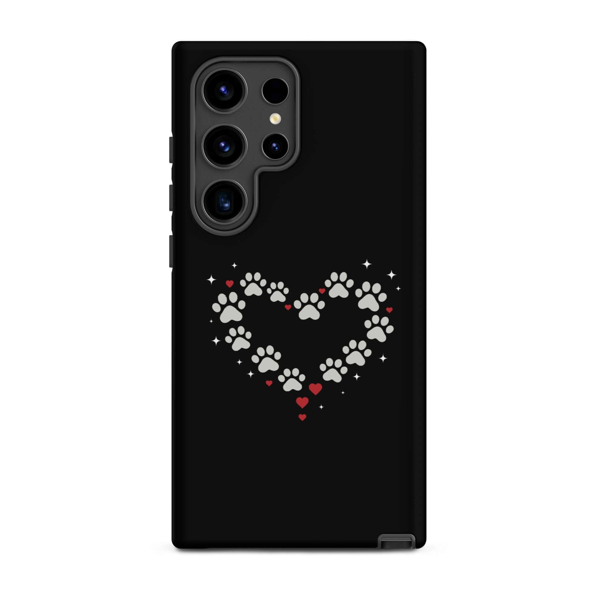 Phone Case for Samsung Galaxy with paw-print heart design and black background.