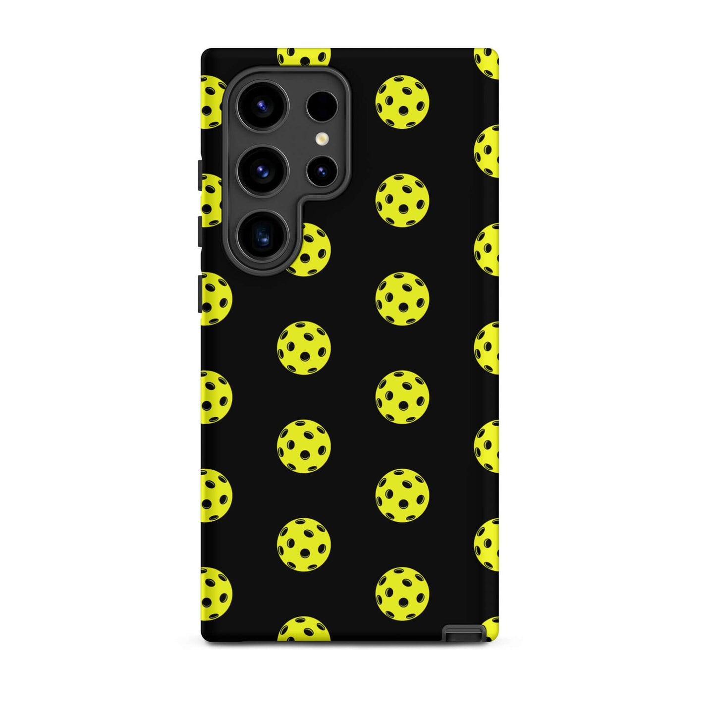 Phone Case for Samsung Galaxy with bold pickleball pattern on a black background.