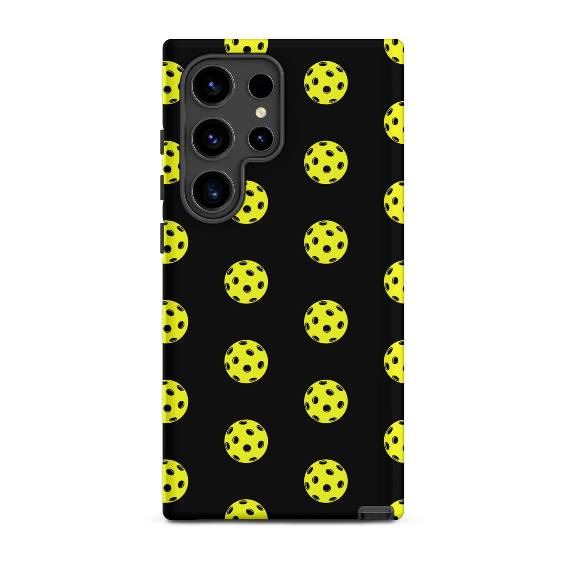 Phone Case for Samsung Galaxy with bold pickleball pattern on a black background.