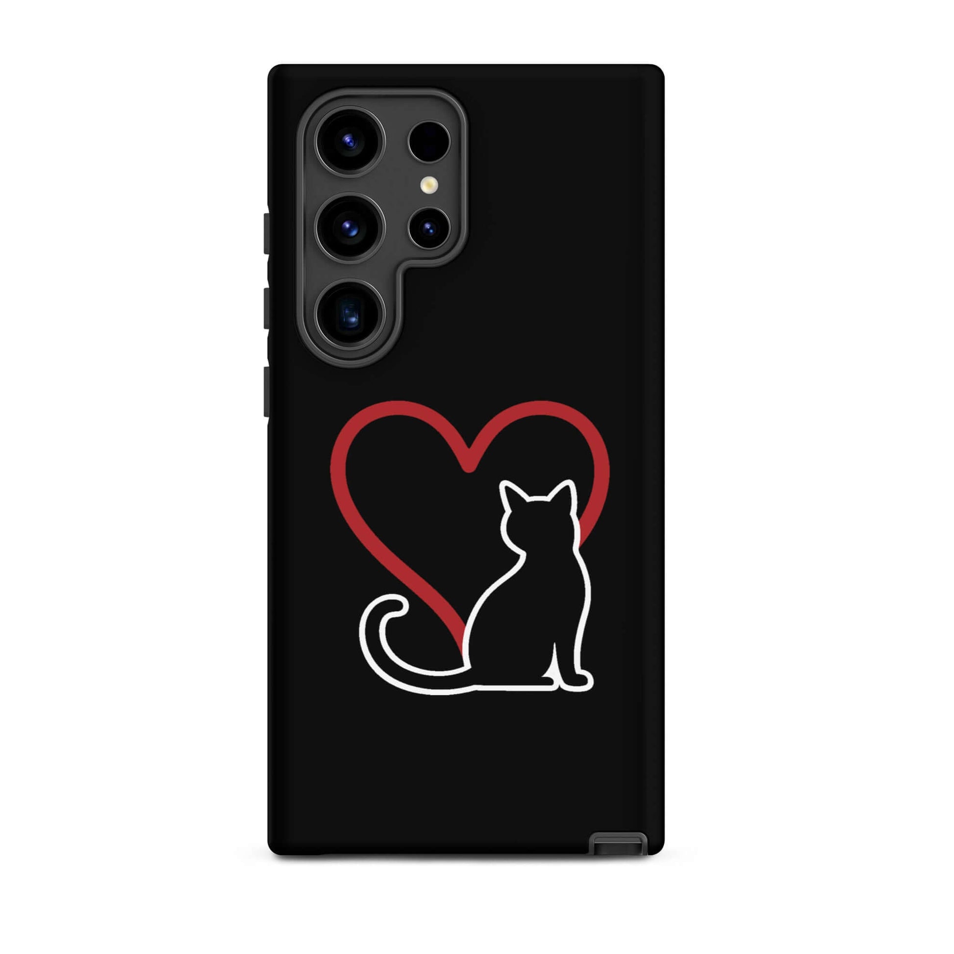 Phone Case for Samsung Galaxy featuring a black cat and red heart design, perfect for cat lovers.