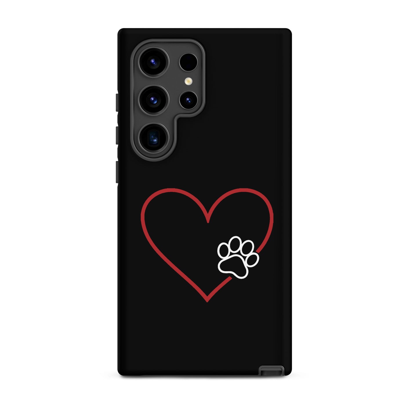 Phone Case for Samsung Galaxy with heart and paw print design, symbolizes love and pet connection, black and white minimalist style.