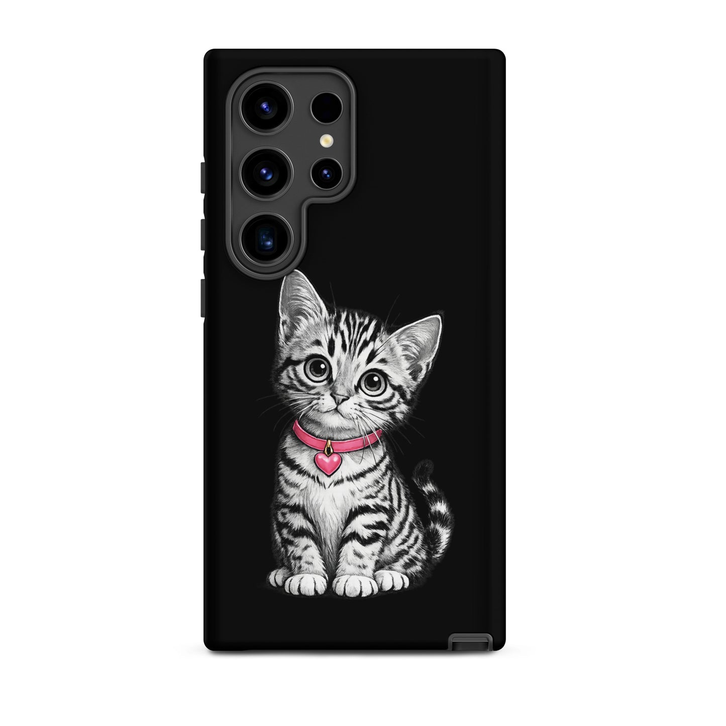 Phone Case for Samsung Galaxy with pencil-sketched kitten, pink heart charm on a black case background.