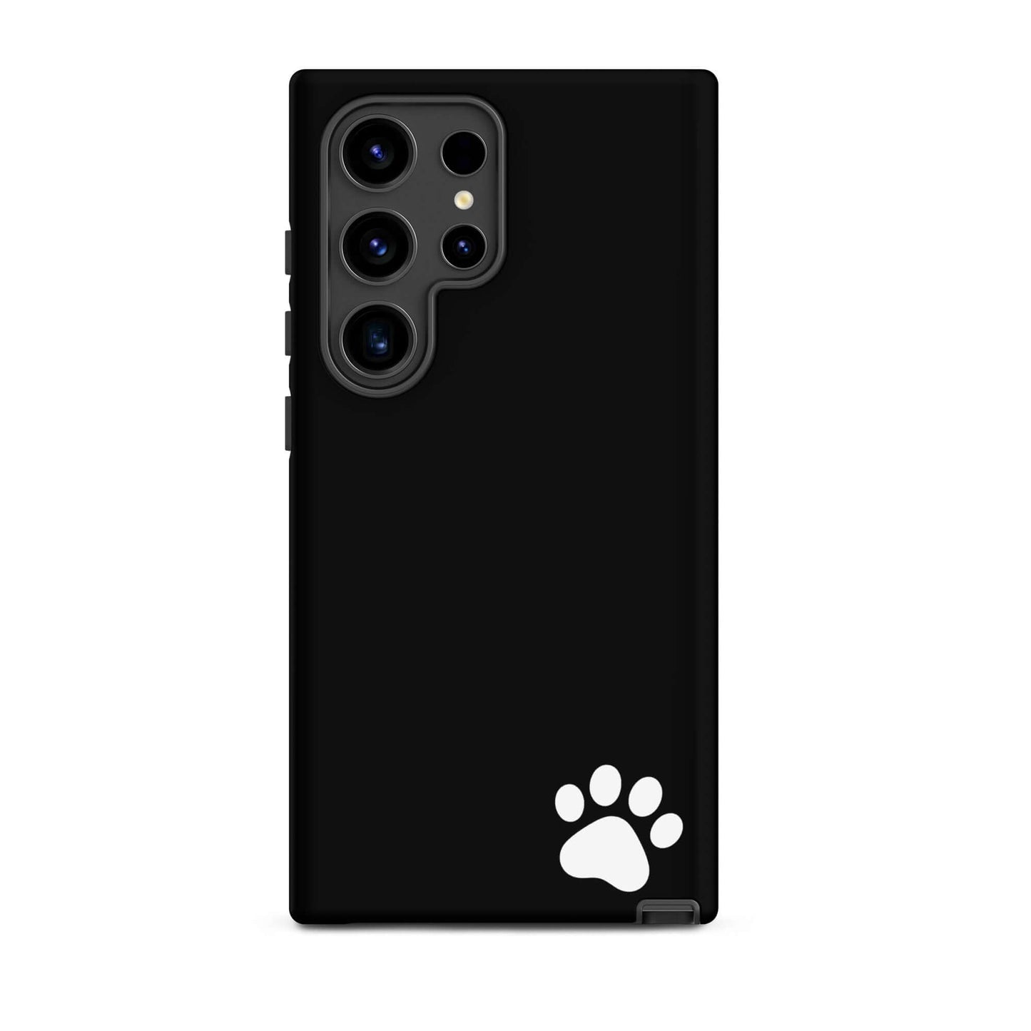 Phone Case for Samsung Galaxy with white paw print design, minimalist black tough case for animal lovers.