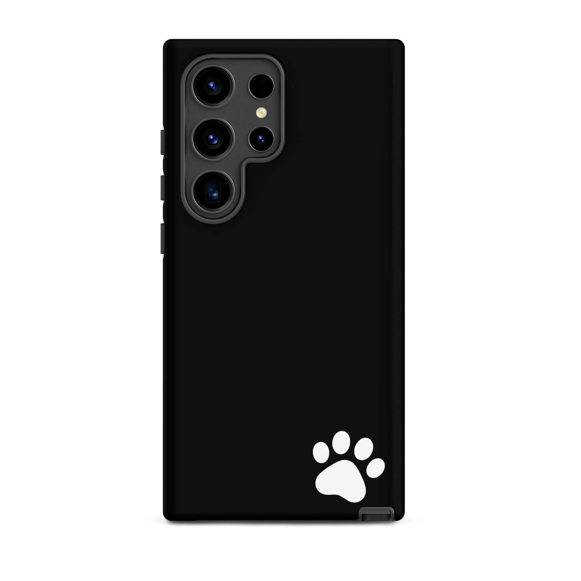 Phone Case for Samsung Galaxy with white paw print design, minimalist black tough case for animal lovers.