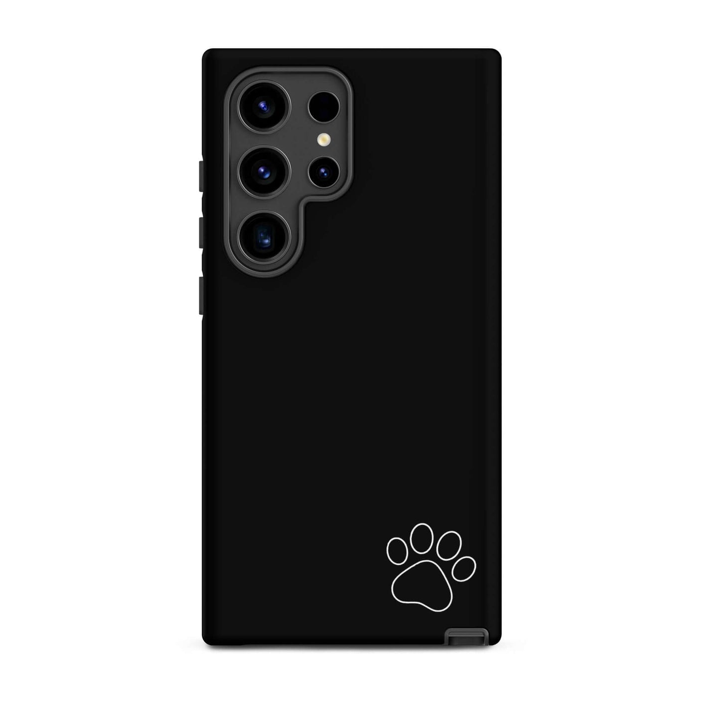 Black Phone Case for Samsung Galaxy with white paw-print design, minimalist style, providing durable protection and playful charm.