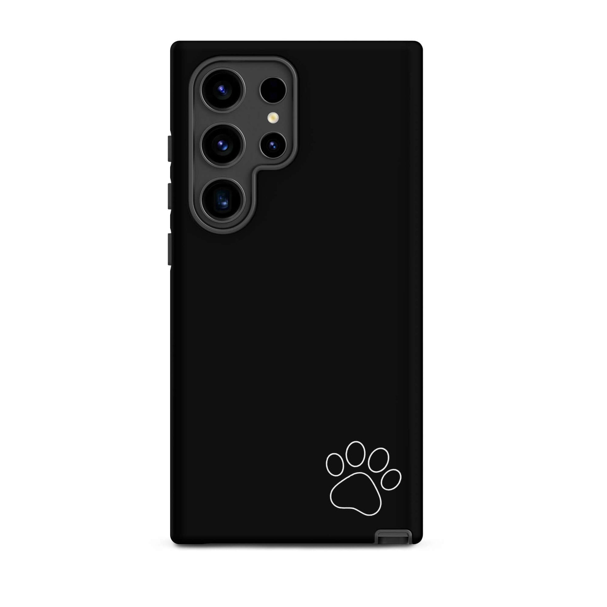Black Phone Case for Samsung Galaxy with white paw-print design, minimalist style, providing durable protection and playful charm.