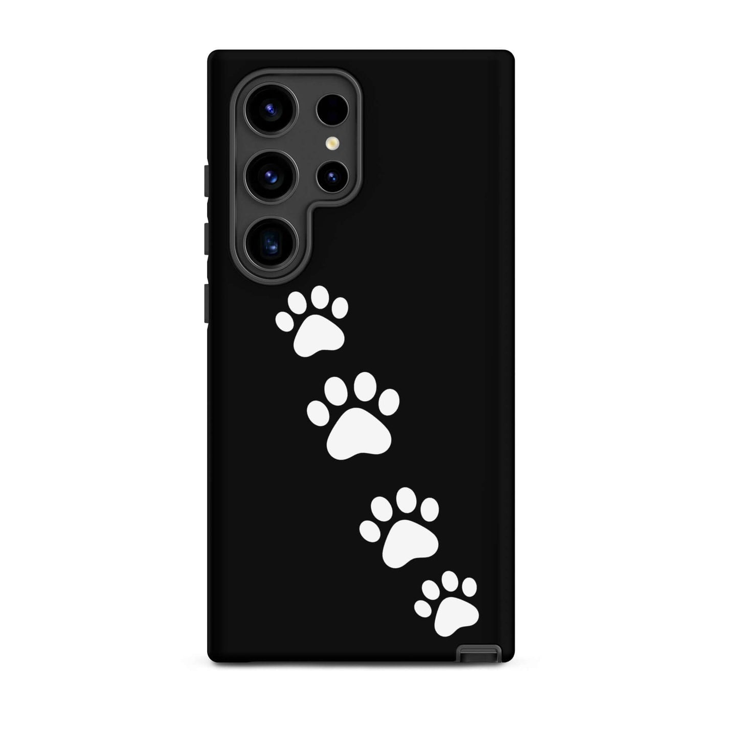 Phone case for Samsung Galaxy with white paw print trail design on black background, ideal for playful pet lovers.