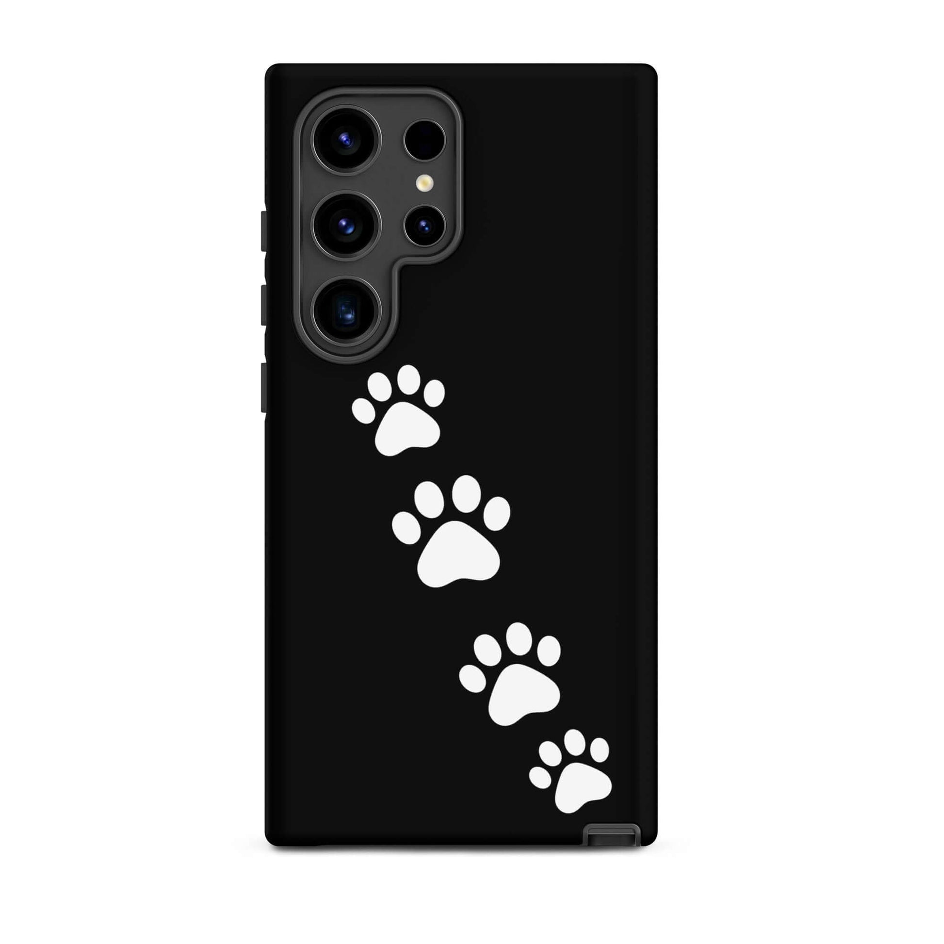 Phone case for Samsung Galaxy with white paw print trail design on black background, ideal for playful pet lovers.