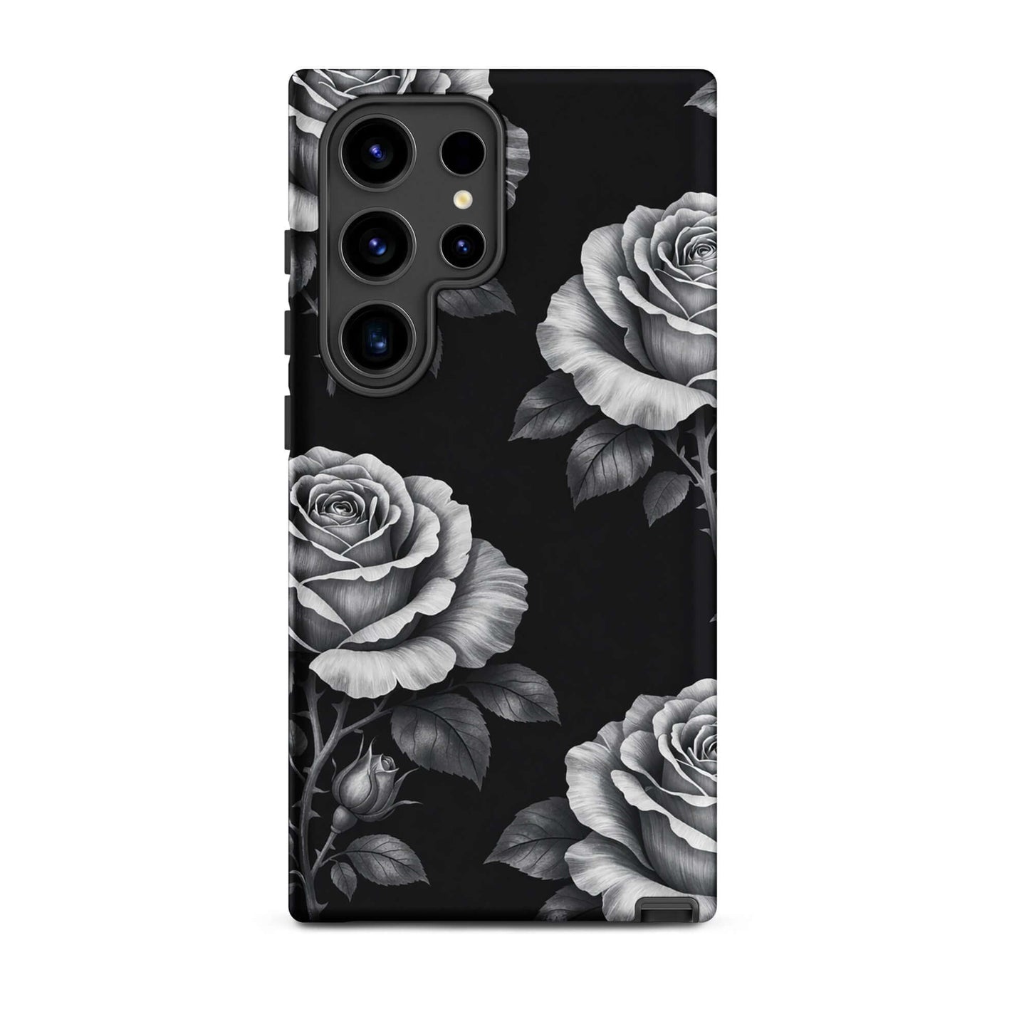 Phone Case for Samsung Galaxy with rose garden design on black background, featuring pencil-stencil style roses and leaves pattern.