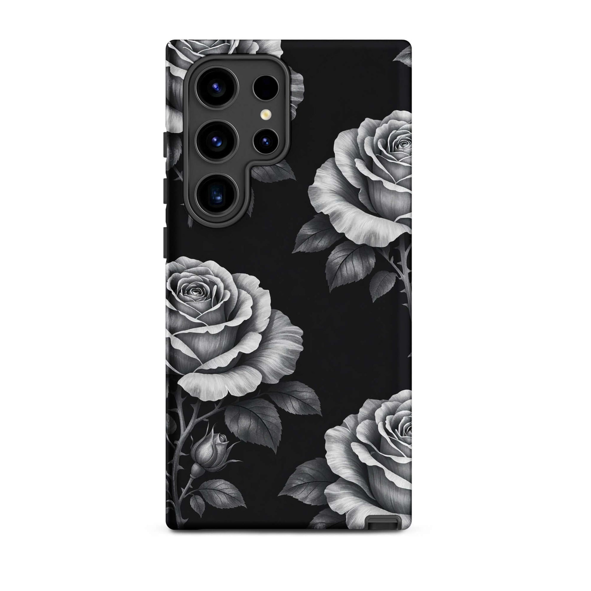 Phone Case for Samsung Galaxy with rose garden design on black background, featuring pencil-stencil style roses and leaves pattern.