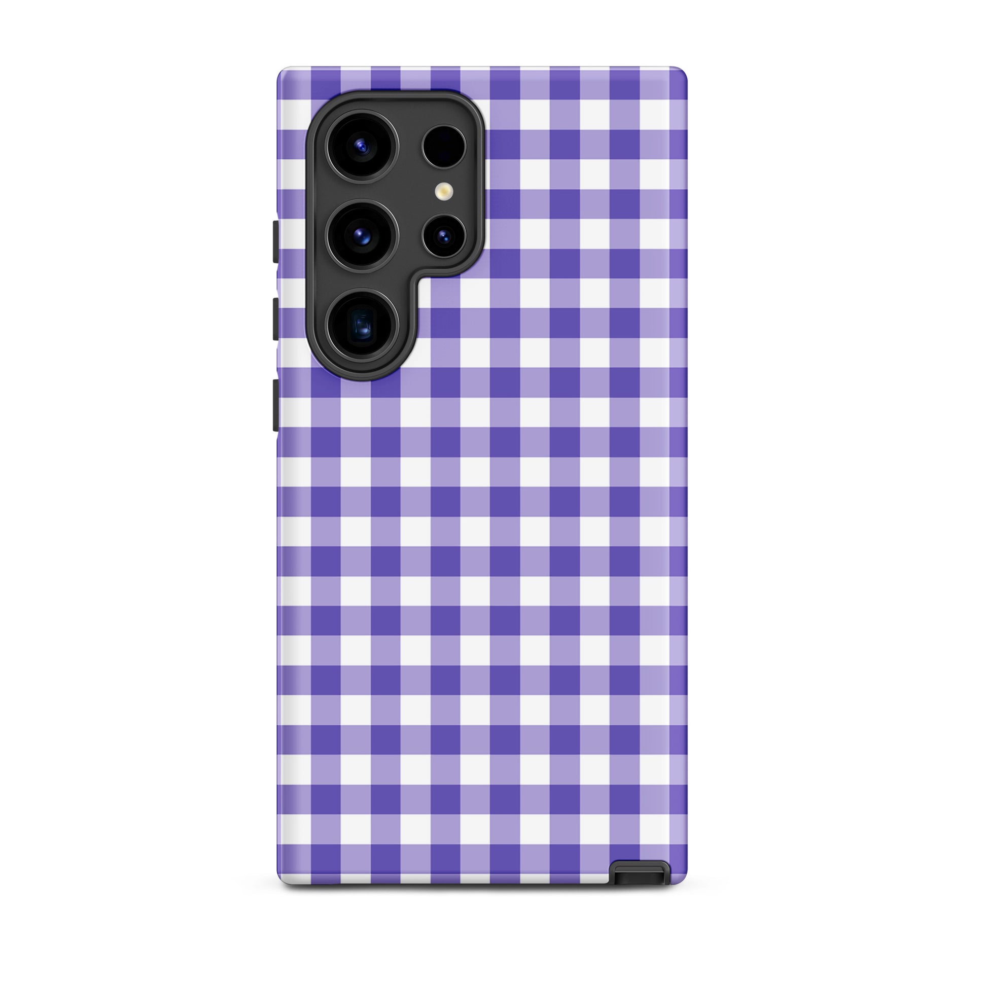 Phone case with purple gingham pattern for Samsung Galaxy, stylish protection accessory.