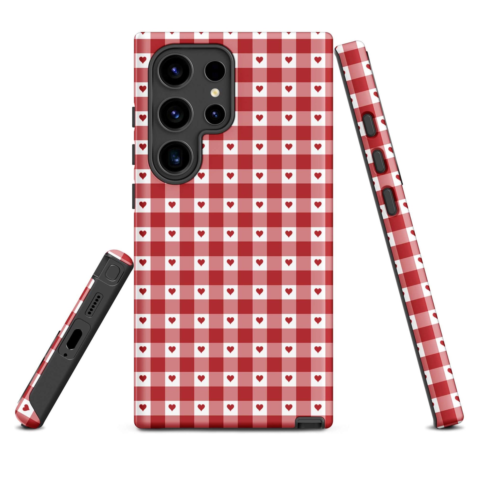 Phone Case for Samsung Galaxy with red and white gingham heart pattern, stylish and durable design.