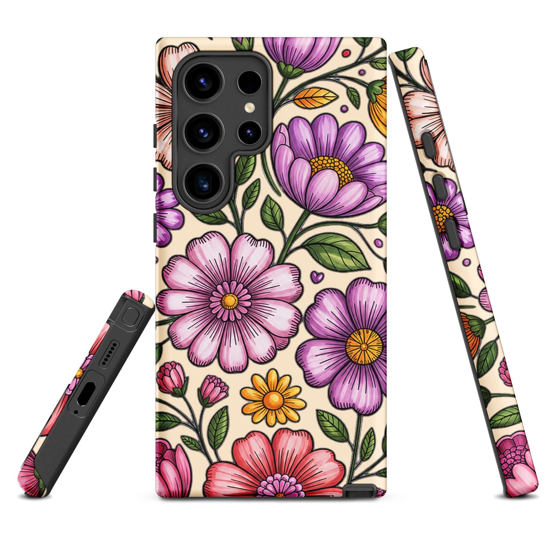 Phone Case for Samsung Galaxy with pastel floral design featuring pink, purple, and yellow flowers on a durable polycarbonate shell.