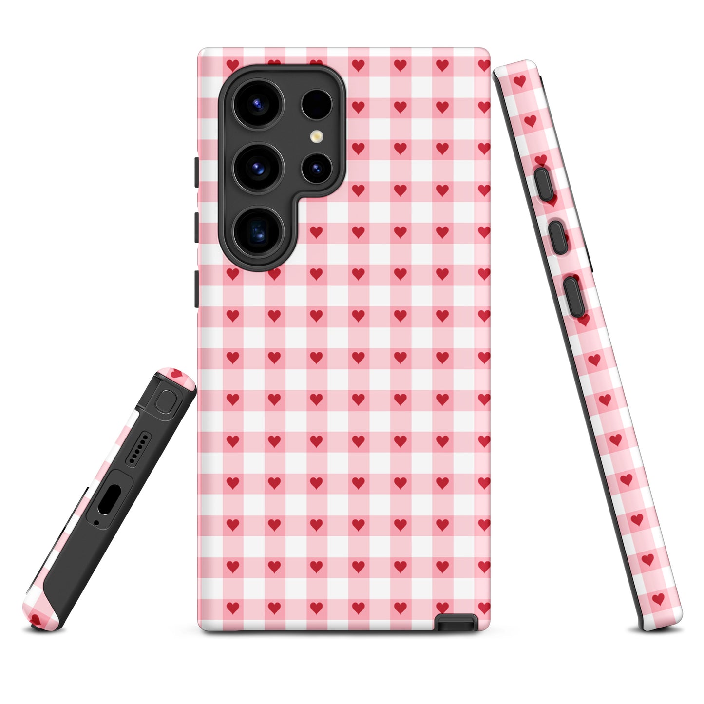 Phone Case for Samsung Galaxy with pink-and-white gingham pattern and red hearts, showing style and durability.