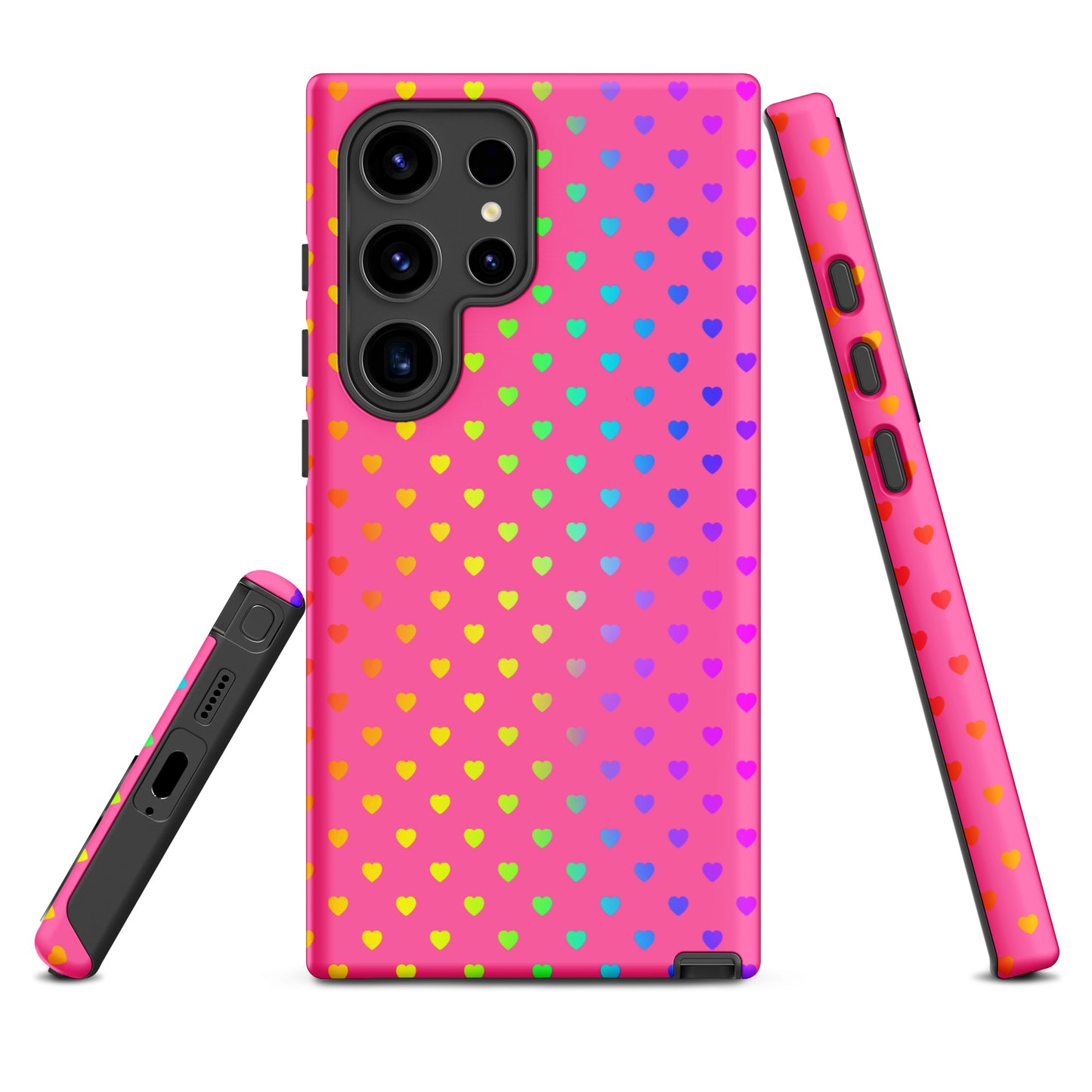 phone case for Samsung Galaxy with cute rainbow hearts on pink background